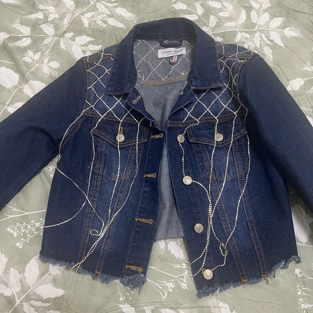 Embellished Dark Blue Denim Jacket with Crystal Detailing